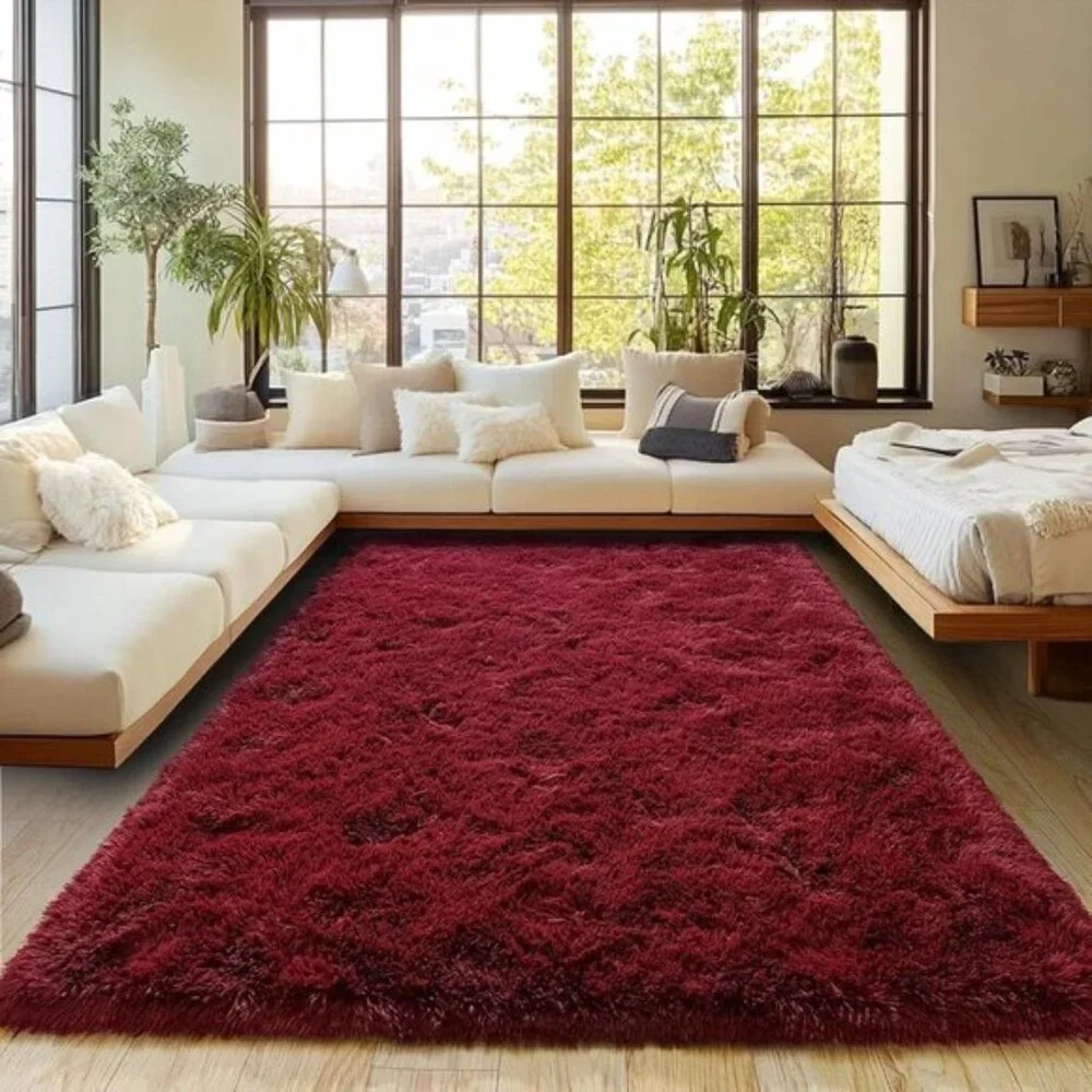 New 8x10 Burgundy Plush Shag Rug, Fuzzy Non-Slip High Pile Carpet for Home Decor